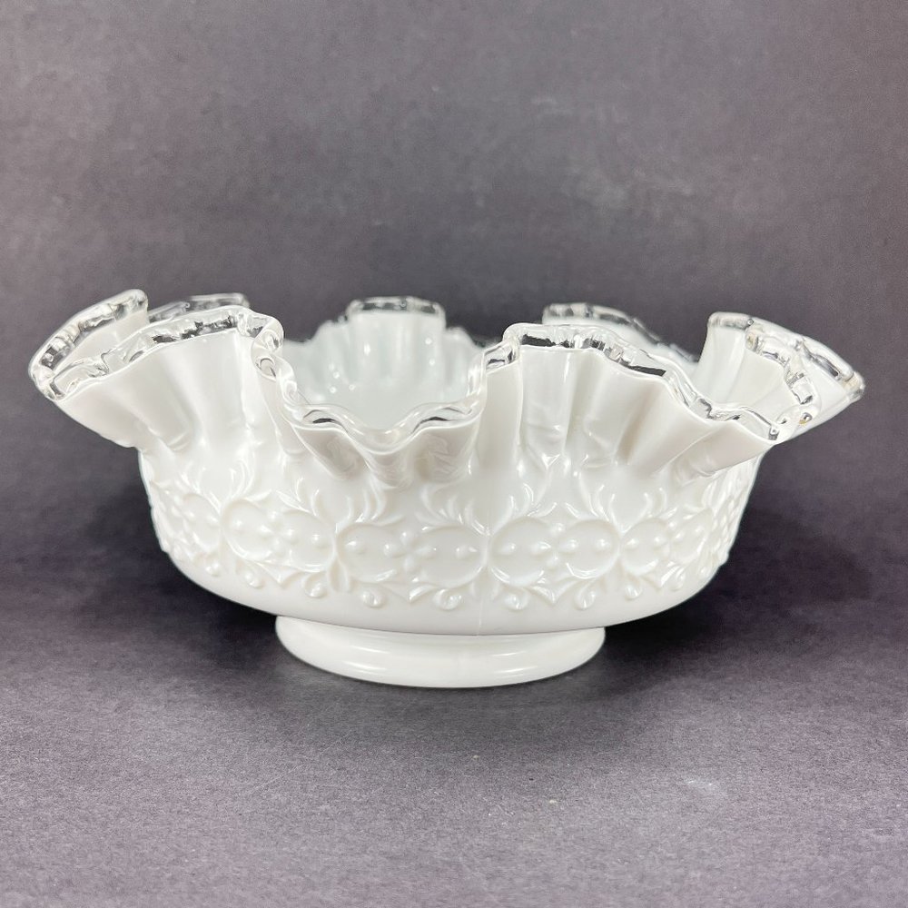 Vtg Fenton Bowl Petticoat White Glass Spanish Lace Silver Crest Rim 3524 60's